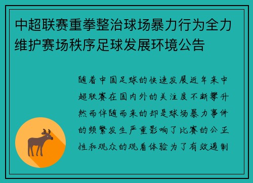 中超联赛重拳整治球场暴力行为全力维护赛场秩序足球发展环境公告