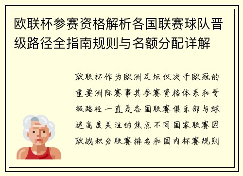 欧联杯参赛资格解析各国联赛球队晋级路径全指南规则与名额分配详解