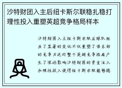 沙特财团入主后纽卡斯尔联稳扎稳打理性投入重塑英超竞争格局样本