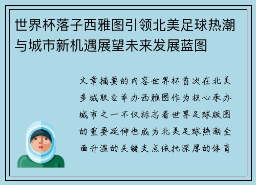 世界杯落子西雅图引领北美足球热潮与城市新机遇展望未来发展蓝图